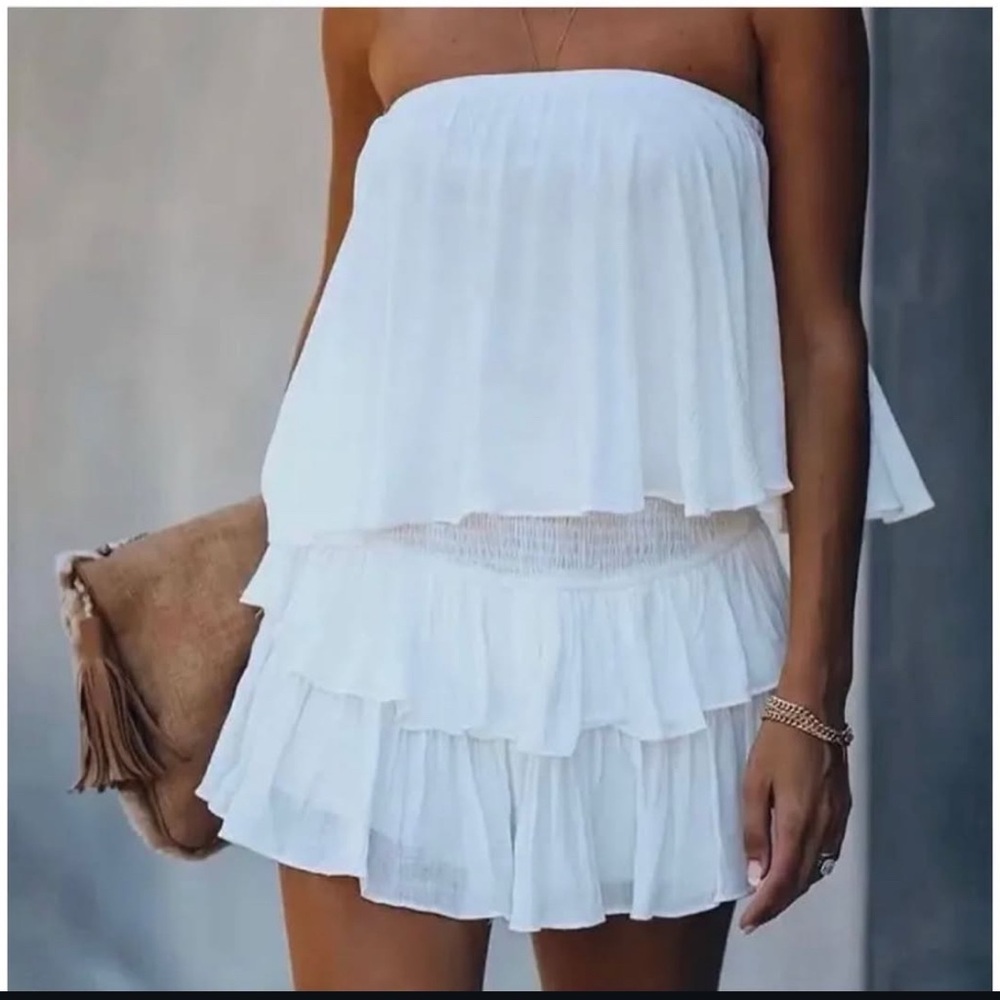Mustard Seed White Strapless Ruffle Romper